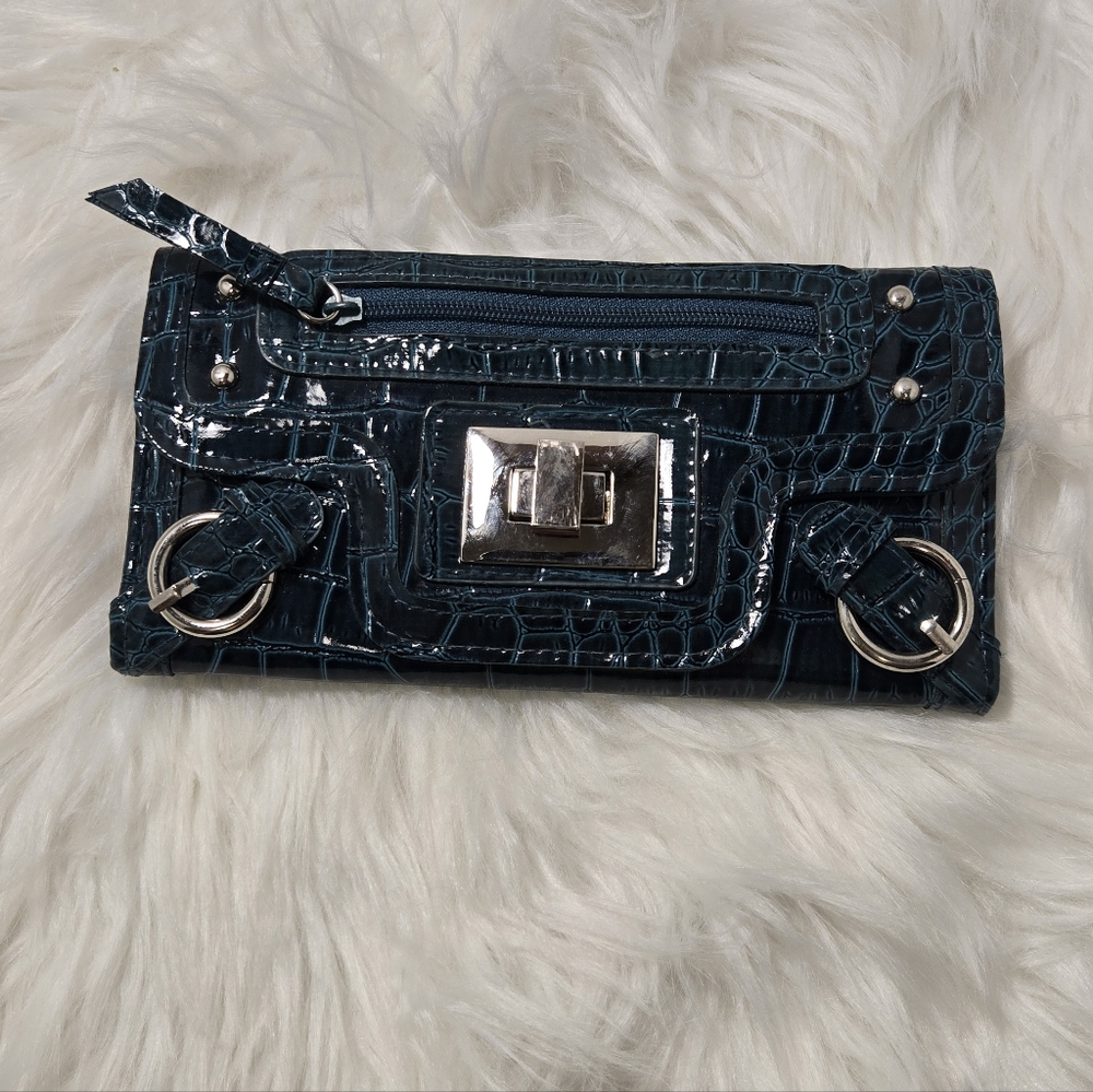 Icing Teal Crocodile-Embossed Wristlet